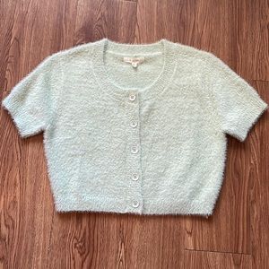 NWT Pale Mint Green Fuzzy Button Up Cropped Cardigan